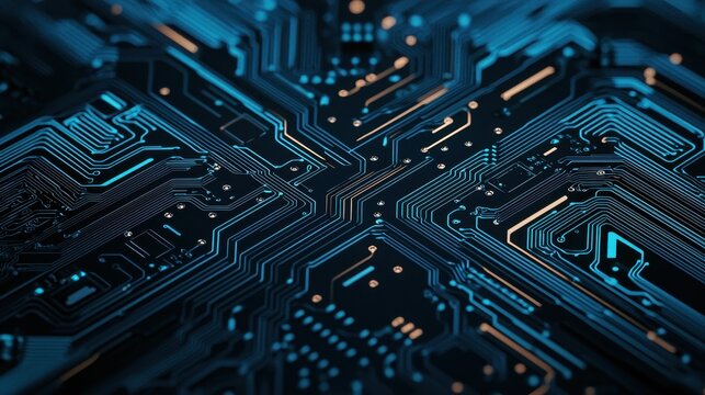 Close-up of intricate circuit board pattern with glowing blue elements on a dark background.