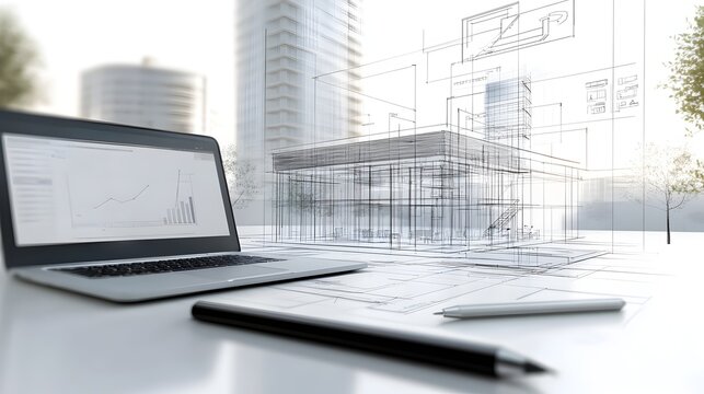 Architectural blueprint and cityscape on laptop computer in a modern high tech office workspace with skyscrapers in the background