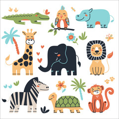 Colorful illustration set of jungle animals including elephant, giraffe, lion, crocodile, monkey, parrot, turtle, zebra. Playful design with tropical elements for children's decor.