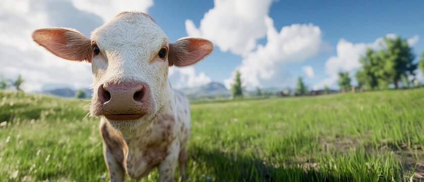 Cute calf grazing in a vibrant green field under a blue sky with fluffy clouds. - Powered by Adobe