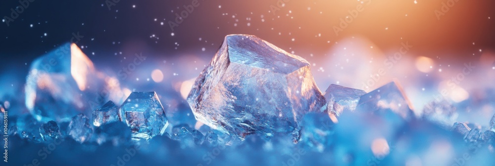 Fototapete Discover glowing icy crystals illuminated by ambient light, creating an enchanting display against a calming blue backdrop. Generative AI