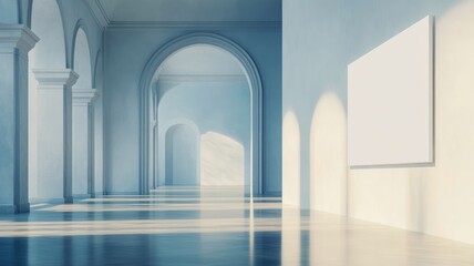 Spacious empty art gallery with arched doorways and blank white walls