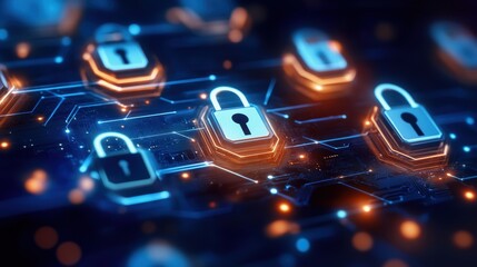 Abstract digital locks on a network background representing cybersecurity and data protection.