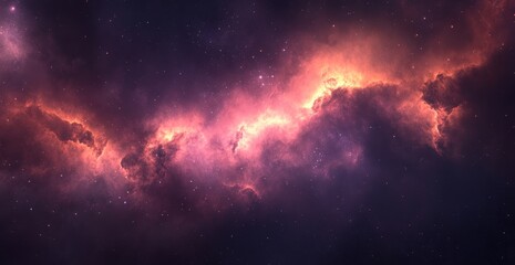 A vibrant nebula with red and orange colors against a dark, starry sky.