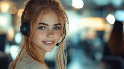 Obraz premium Young woman with a headset in customer service