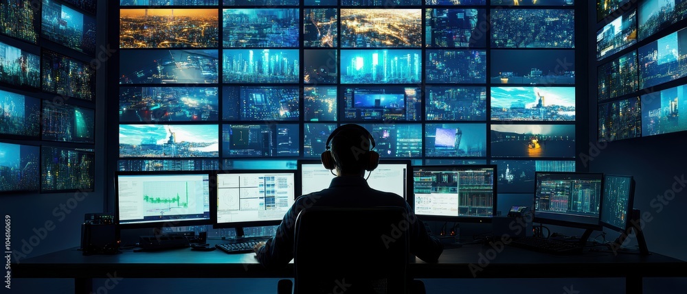 Poster a person monitoring multiple screens in a high-tech control room, displaying data and visuals.