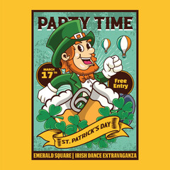 Obraz premium Happy Saint Patrick's Day Gnome Shamrock with Beer Retro Cartoon Mascot Character Groovy Vintage Style for poster, flyer, brochure, invitation, greeting card, banner, web, sticker