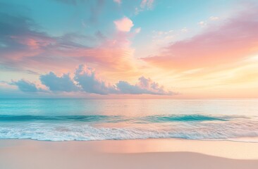 Soft pink and blue sunset over calm ocean waves and a sandy beach.