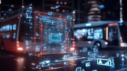 Futuristic digital circuit interface with holographic data visualization and analytics  Abstract high tech background with information technology and intelligence elements