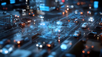 Obraz premium Futuristic glowing circuit board with illuminating microchip and data network details representing intelligence technology innovation and hi tech engineering