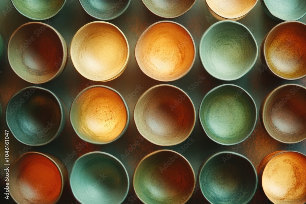 Aufkleber Teacups in warm brown and green sit neatly arranged, showcasing a harmonious blend of colors and circular forms against a soft background. Generative AI