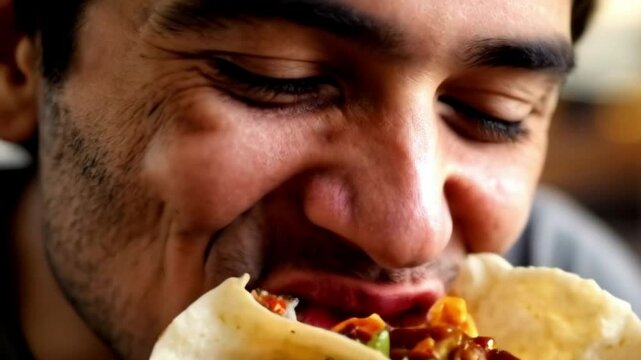 someone who is happily eating a taco