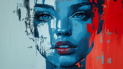 Abstract Portrait of a Woman in Blue and Red