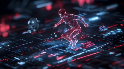 Futuristic cyborg figure leaping through a glowing neon lit digital landscape with abstract technology interfaces and data visualization elements  Dynamic high tech science fiction concept background