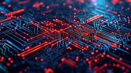 Obraz premium Futuristic circuit board with vibrant blue and red lights, showcasing advanced technology and digital connectivity.