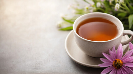 Echinacea tea,cozy moment featuring a steaming cup of tea paired with vibrant flowers,creating a soothing atmosphere perfect for relaxation and mindfulness,copy space