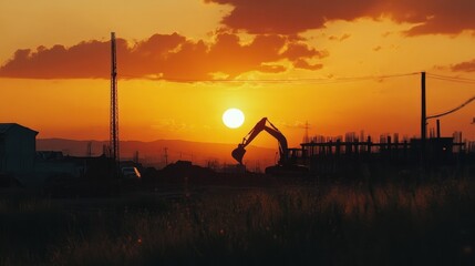 Sunset over a construction site with an excavator silhouette dominating the scene