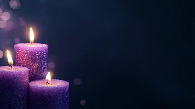 Burning purple aroma candles at night on blurred blue background with bokeh lights. Candles in church as catholic symbol. Abstract festive backdrop. Christmas eve, Hanukkah, All Souls Day