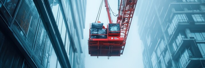 Fototapeta premium Tower crane at a major urban project, actively lifting materials