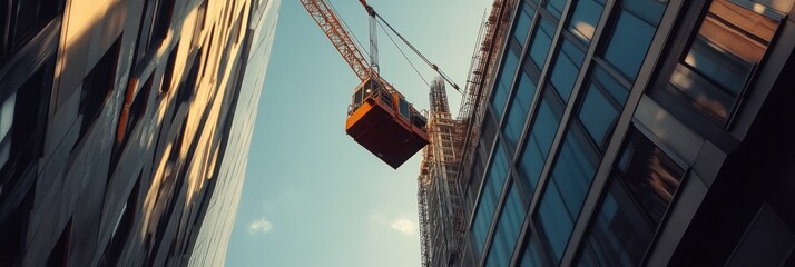 Fototapeta premium Tower crane lifting building materials at a high-rise construction project