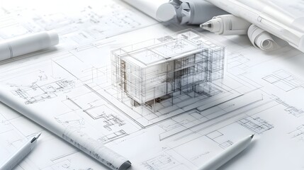Architectural blueprint schematic 3D model design plan for new building infrastructure project  Technical engineering draft drawing showing layout structure
