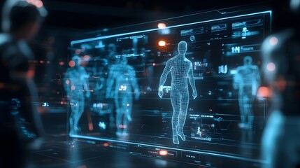 Fototapeta premium Futuristic holographic data visualization dashboard with digital interface and advanced analytics system Concept of modern technology innovation and intelligence
