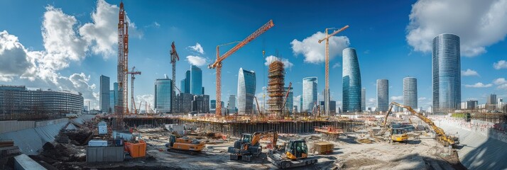 Fototapeta premium Urban construction development with cranes and machinery working together