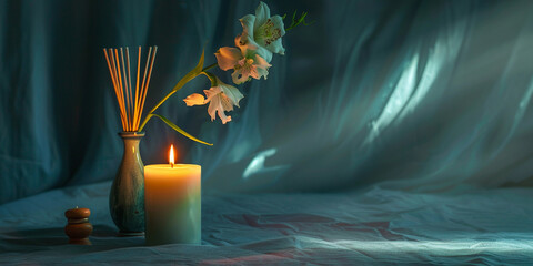 a candle and flower in a vase, Beautiful Candle and Flower Combination in a Vase, 