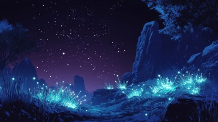 Fototapeta premium A Nocturnal Landscape with Glowing Plants and a Starry Sky