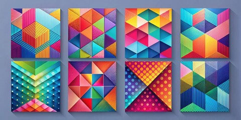 A vibrant collection of abstract geometric patterns featuring colorful triangles, squares, and stripes with contrasting textures and gradients.