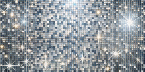 A silver mosaic wall shimmering with glittering stars, reflecting light and creating a mesmerizing texture