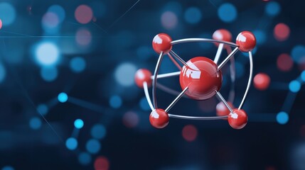 Molecular structure with red atoms connected by white bonds on a blue abstract background.