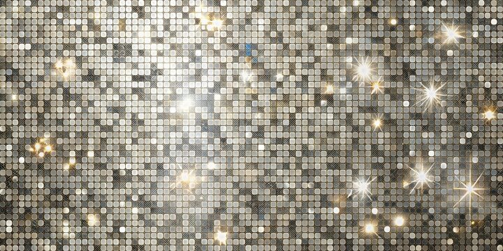 A shimmering grid of silver and gold tiles with glowing highlights, reminiscent of a disco ball reflecting light.