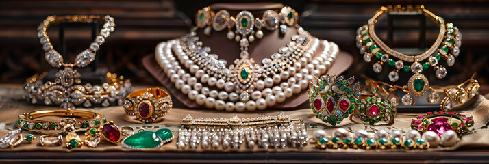 Fototapeta premium Luxurious Collection of Jeweled Masterpieces: From Chokers and Pendant Necklaces to Rings and Bracelets
