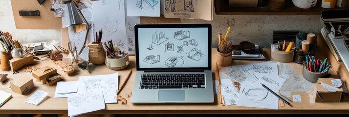 A laptop sits on a wooden desk cluttered with sketches, tools, and art supplies, showcasing an artist's creative process in progress. Generative AI