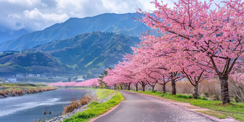 a road with pink trees and a lake, Scenic Road Lined with Pink Trees and a Lake, 