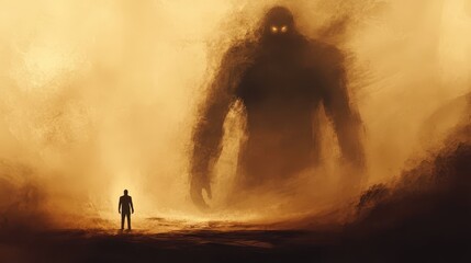 Fototapeta premium A Silhouetted Figure Faces a Large, Glowing-Eyed, Shadowy Figure in a Misty Landscape