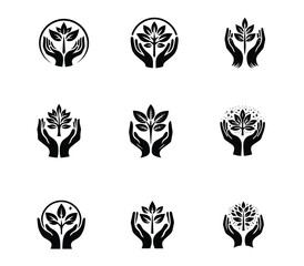 Vector healing hand logo with tree set collection. Tree hand logo concept template. Eco friendly set