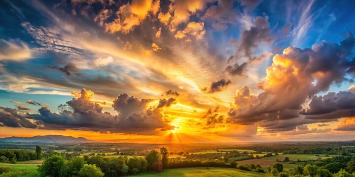 A breathtaking sunset paints the sky with vibrant hues of orange, yellow, and purple, illuminating the rolling hills and lush green fields below, creating a serene and captivating landscape.