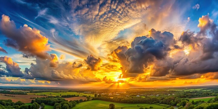 Golden Hour Panorama A breathtaking sunset over rolling hills, with dramatic clouds casting long shadows and a fiery sky that bursts with color.