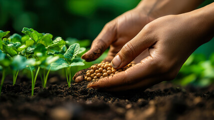 hand planting seed in soil plant growing step concept