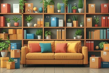 A cozy living room with a yellow couch and a large wooden bookshelf filled with plants, boxes, and books.