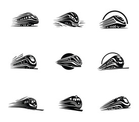 Vector futuristic train logo set collection. Modern train template. Fast speed train logo. icon set