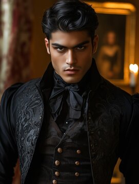 Serious Young Indian Man in Old-Fashioned Formal Clothing
