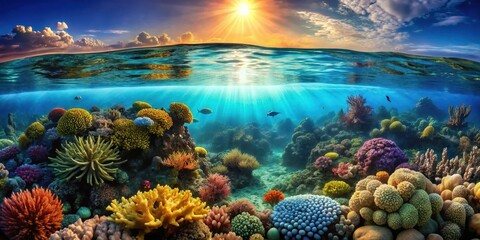A breathtaking underwater scene of vibrant coral reefs bathed in the golden glow of a setting sun, revealing a hidden world of life and beauty.