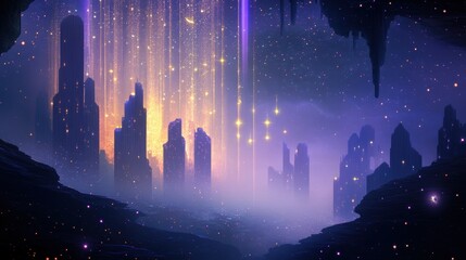 Fototapeta premium A City of Towers Under a Starry Sky with Golden Lights Raining Down