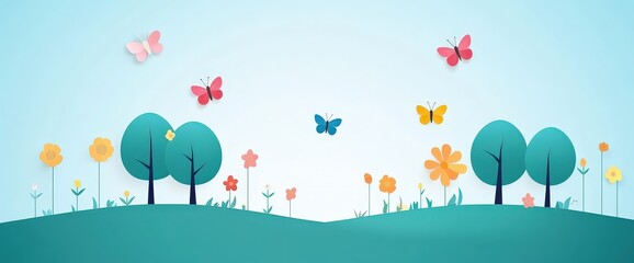 Colorful Flat Landscape with Flowers and Butterflies