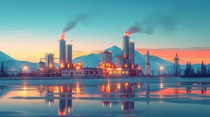 A large industrial complex with smokestacks emitting smoke at sunset, reflecting in a calm body of water in front of a mountain range.