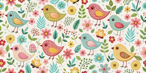 Fototapeta premium A cheerful seamless pattern featuring colorful birds perched amidst a vibrant floral garden, creating a delightful and whimsical background.