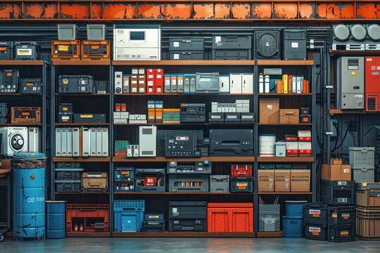 A wall of shelves filled with old electronics, boxes, and tools in an industrial setting.